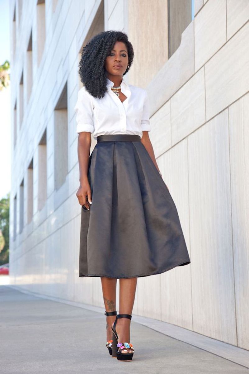 Tucked into Pleated Midi Skirt