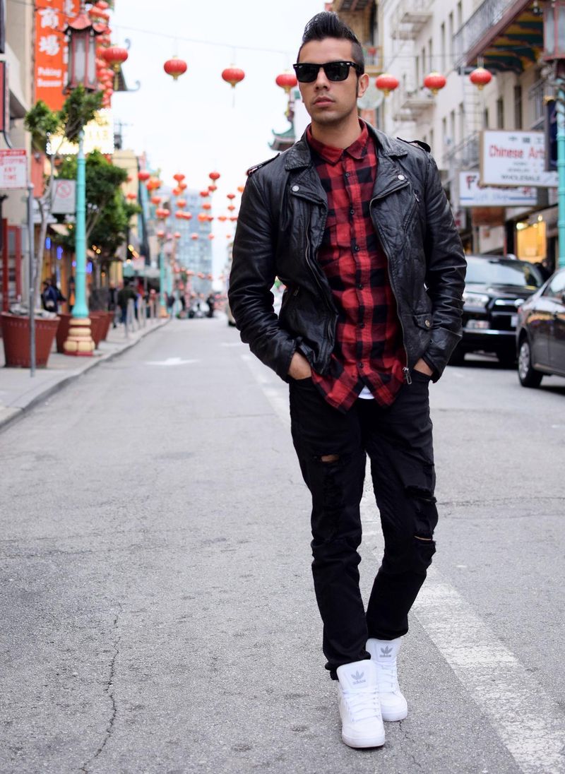 Plaid Shirt and Leather Jacket