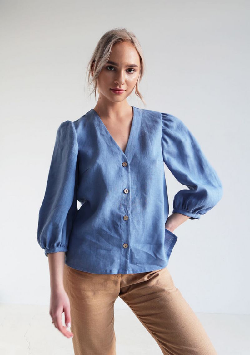 Puff-Sleeve Linen Blouse