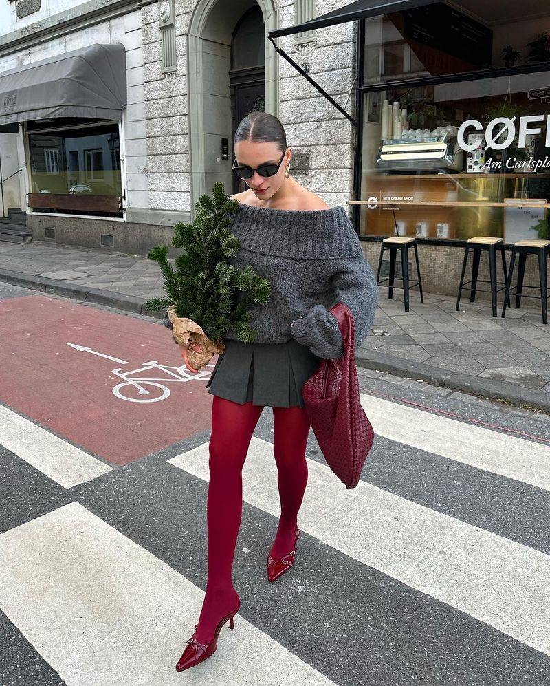 Maroon Tights with Tan Moccasins