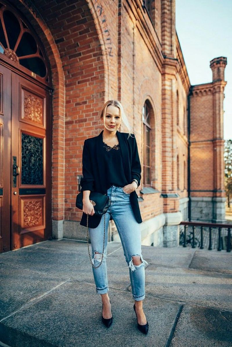 Distressed Denim Meets Elegant Pumps