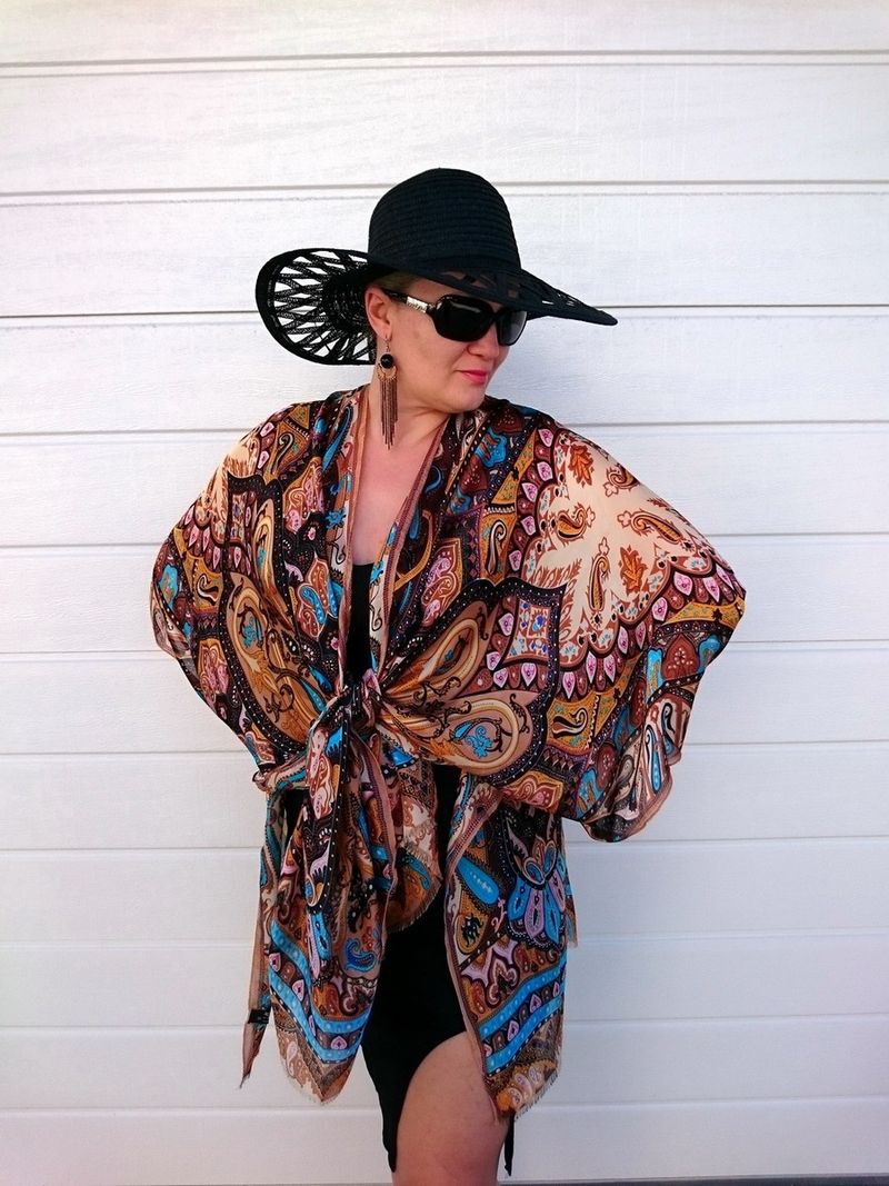 Silk Printed Kimono Over Basic Tank and Pants