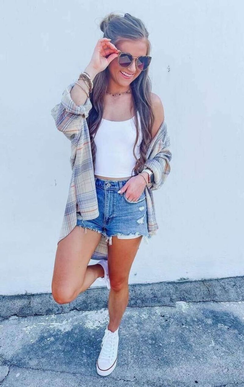 Plaid Shirt & Denim Shorts