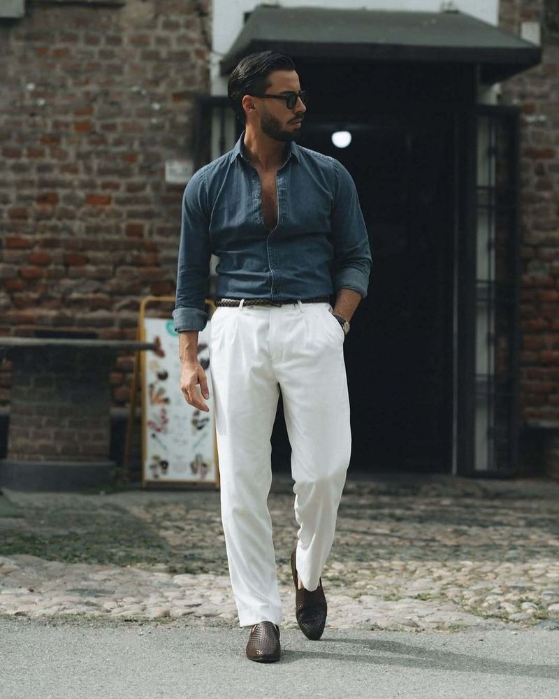 Denim Shirt with White Trousers