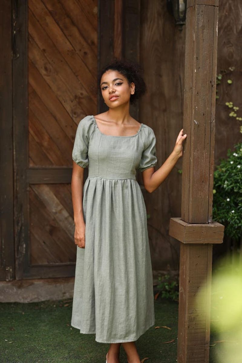 Square-Neck Linen Midi Dress