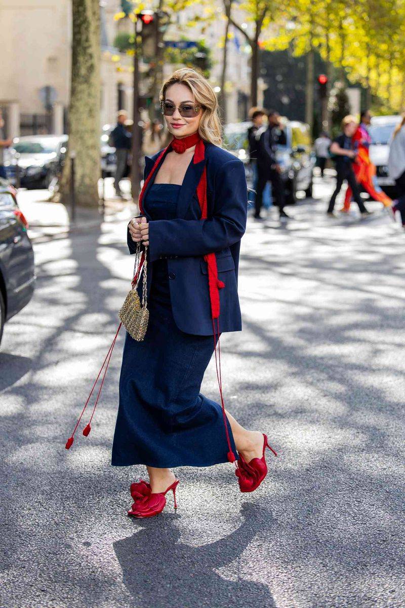 Navy Maxi Dress with Red Accessories