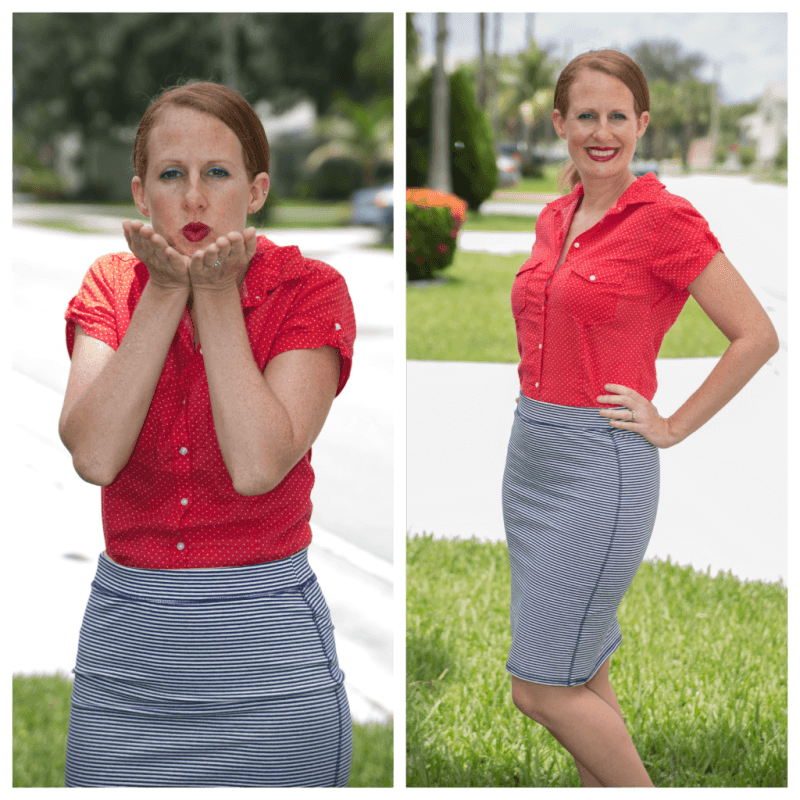 Red Eyelet Lace Top and Navy Skirt