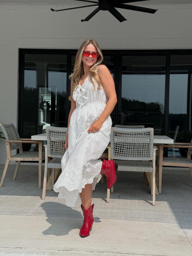 White Eyelet Dress and Colorful Boots