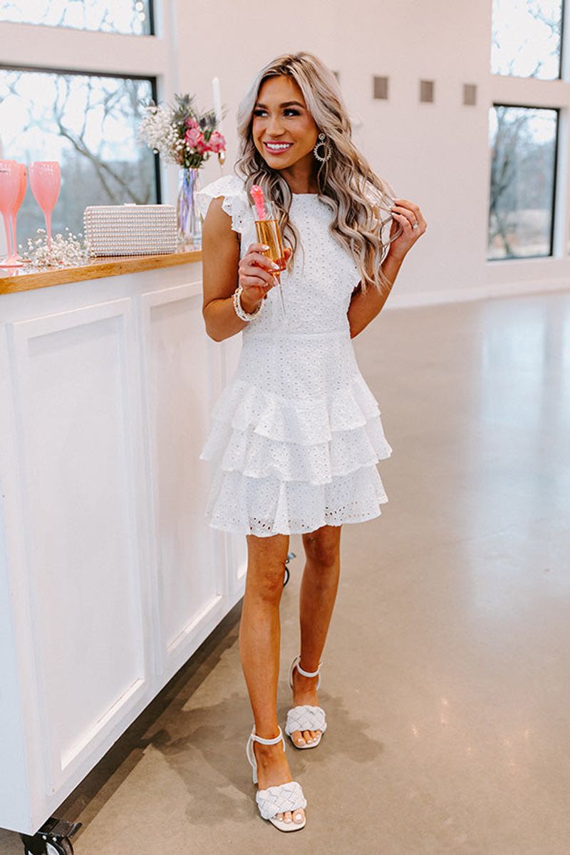 White Eyelet Dress with Blue Accessories