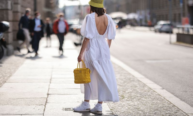 White Linen Dress & Color Block Sneakers