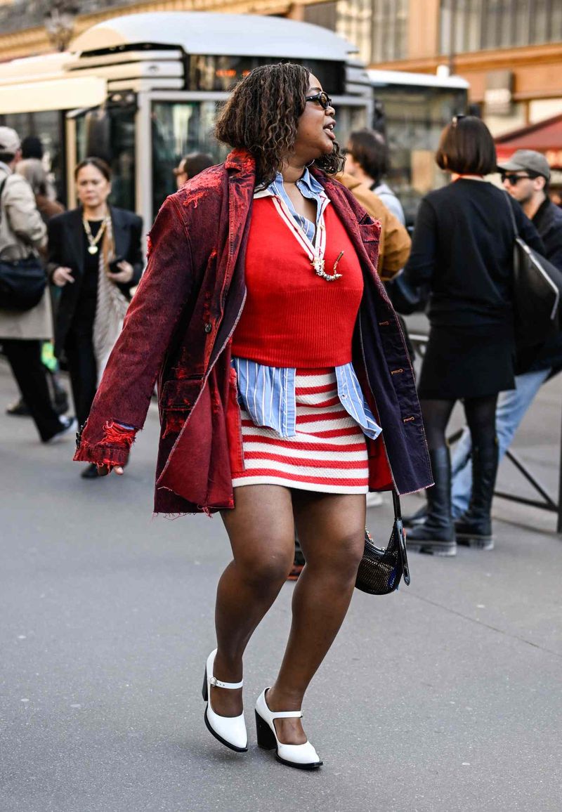 Red Blazer with White Dress and Blue Accessories