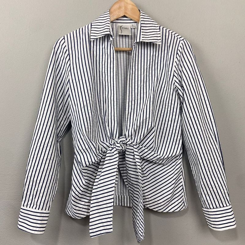 Seersucker Button-Front Tie Blouse