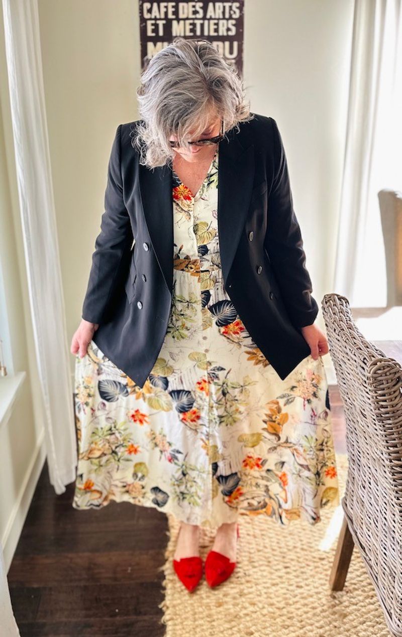 Patterned Dress with Solid Blazer