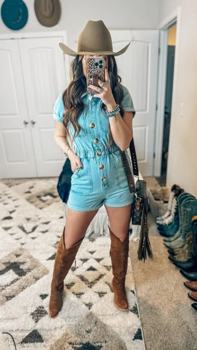 Chambray Romper with Classic Tan Boots