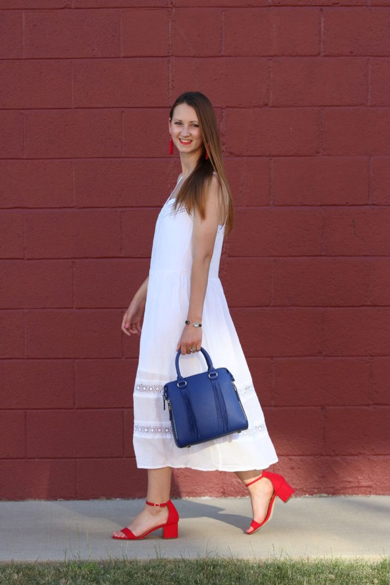 White Eyelet Dress with Red and Blue Accessories