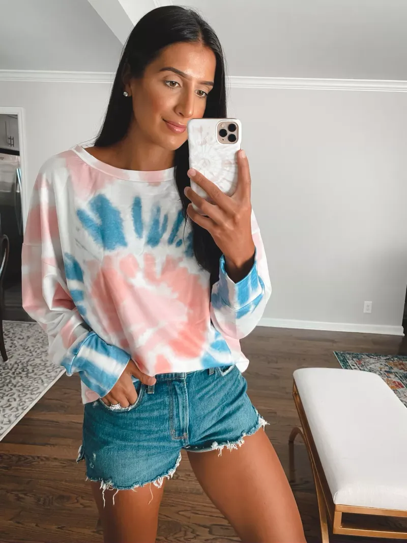 Denim Shorts with a Tie-Dye Hoodie