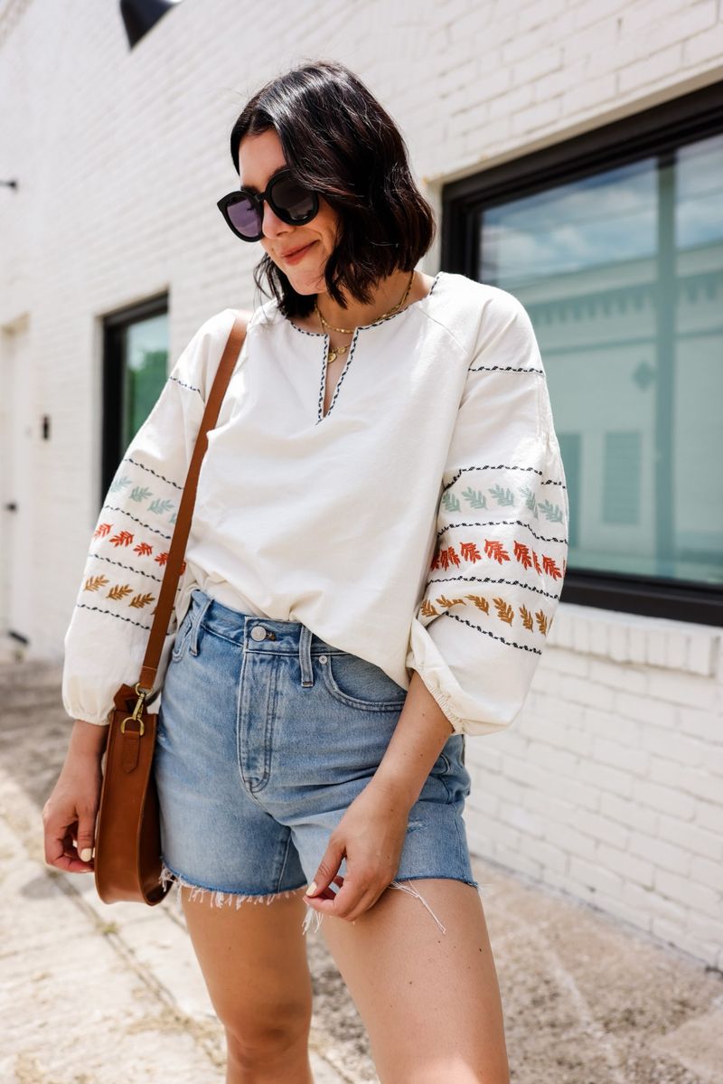 Denim Shorts with an Embroidered Peasant Blouse