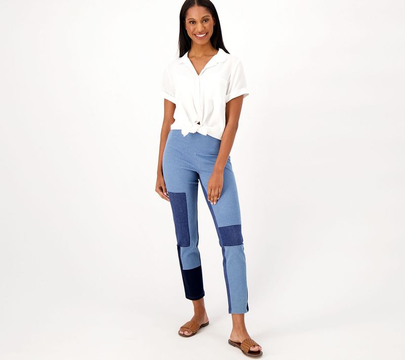 Tummy-Control Patchwork Denim
