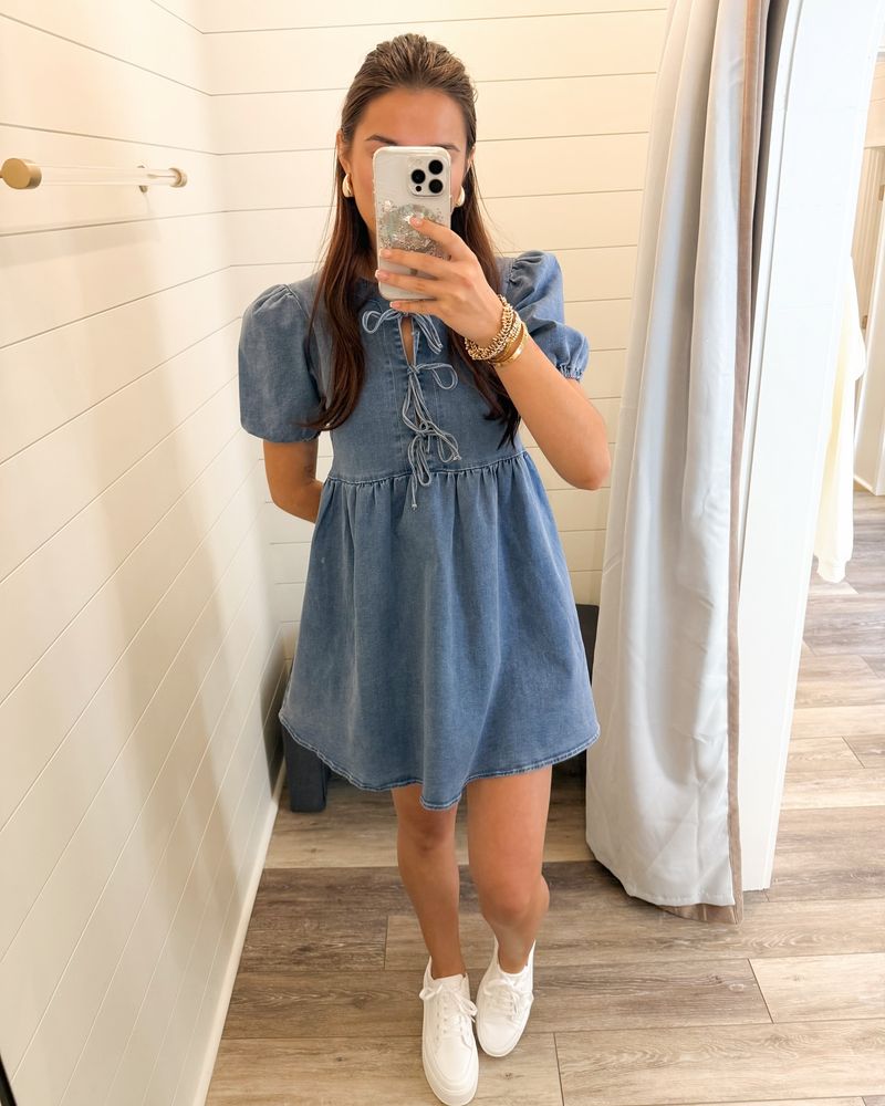 Denim Sundress & White Platform Sneakers