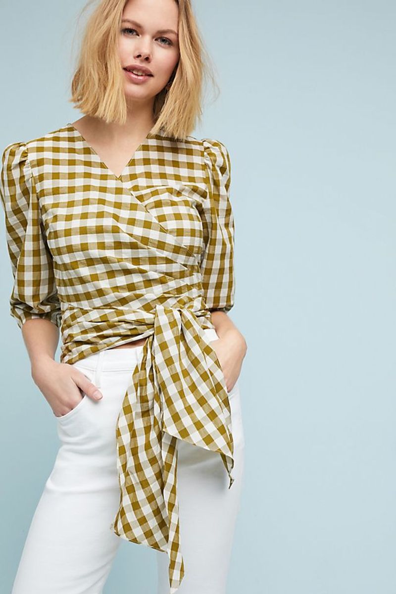 Wrap-Style Gingham Blouse