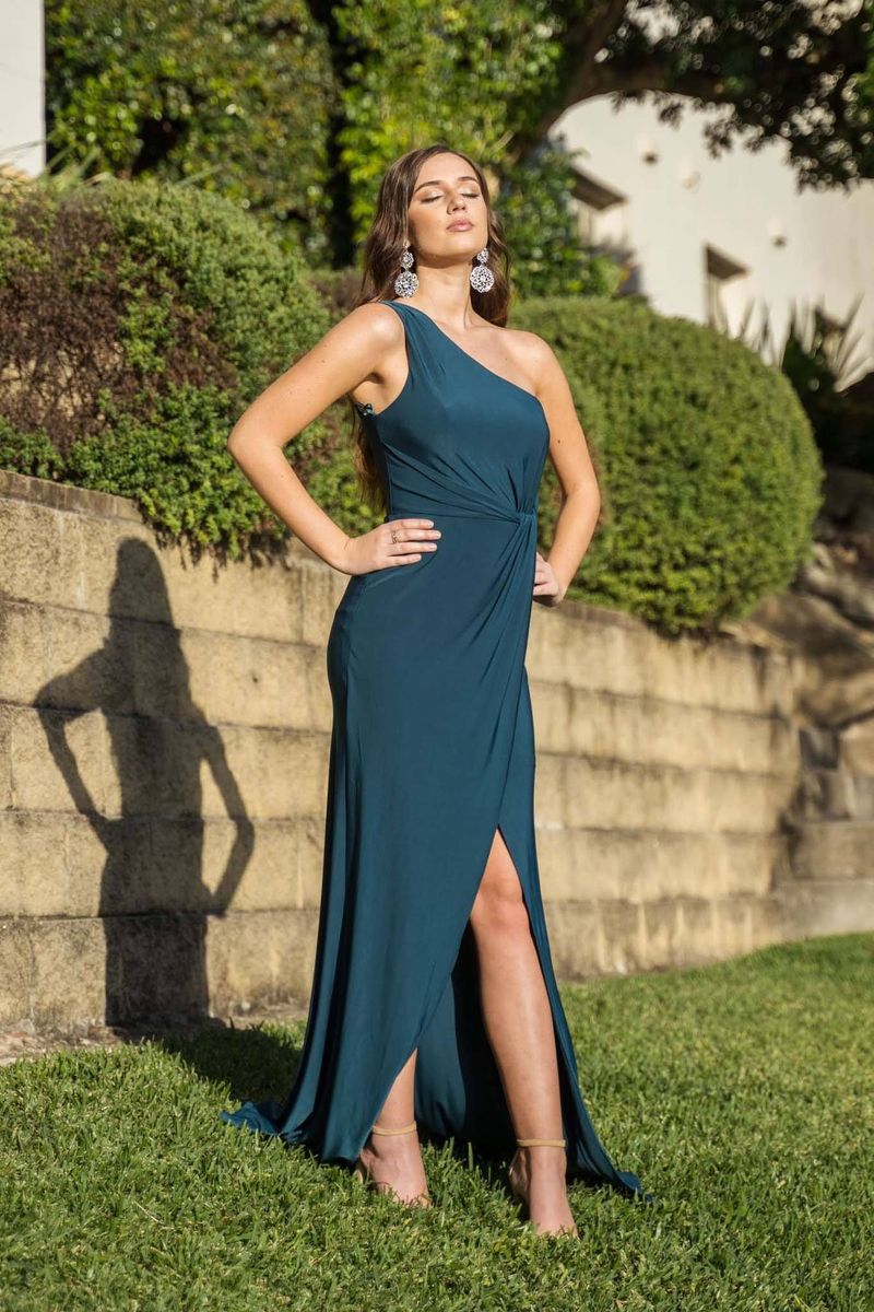 Teal Asymmetrical Neckline Gown