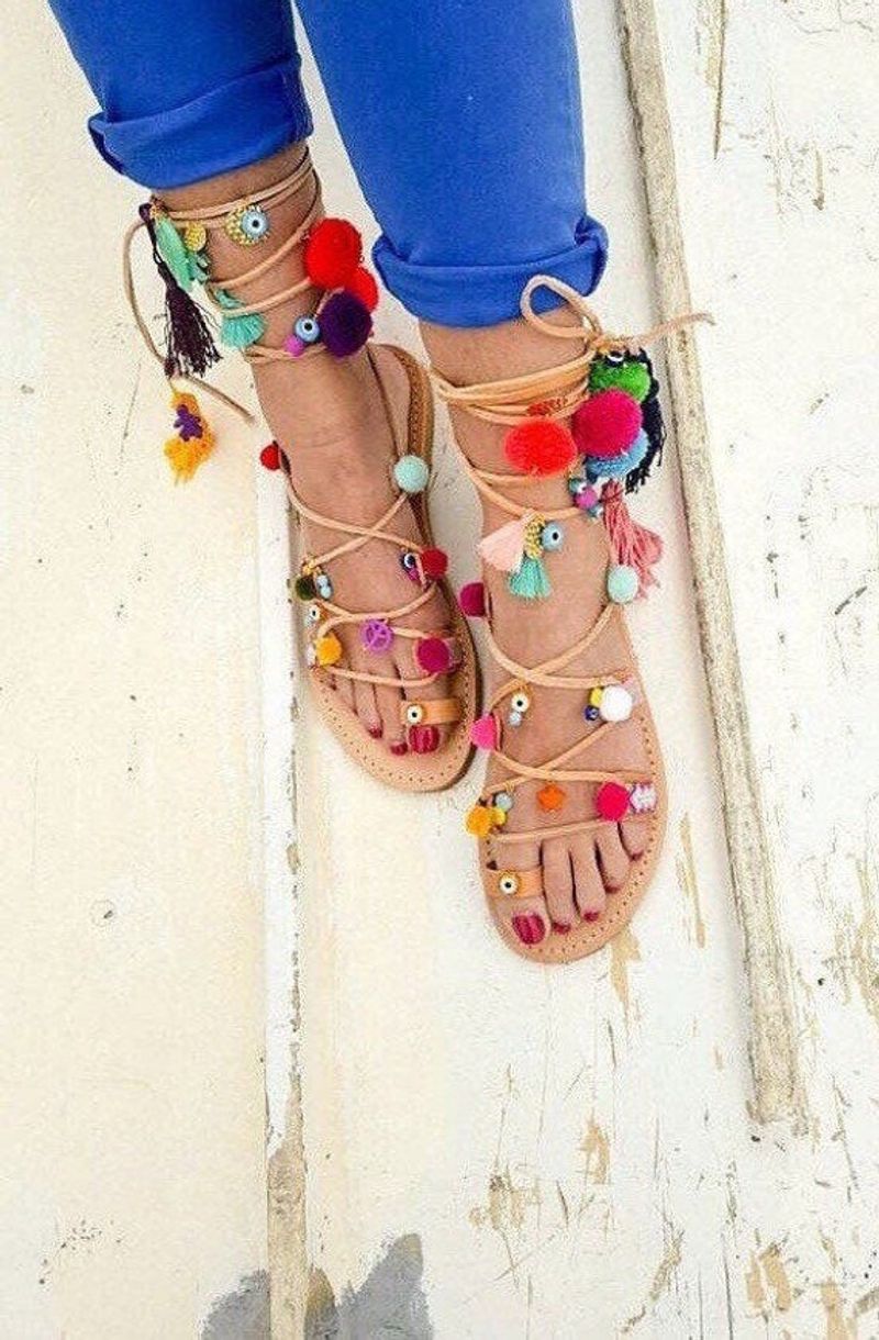 Pom-Pom Decorated Grecian Sandals