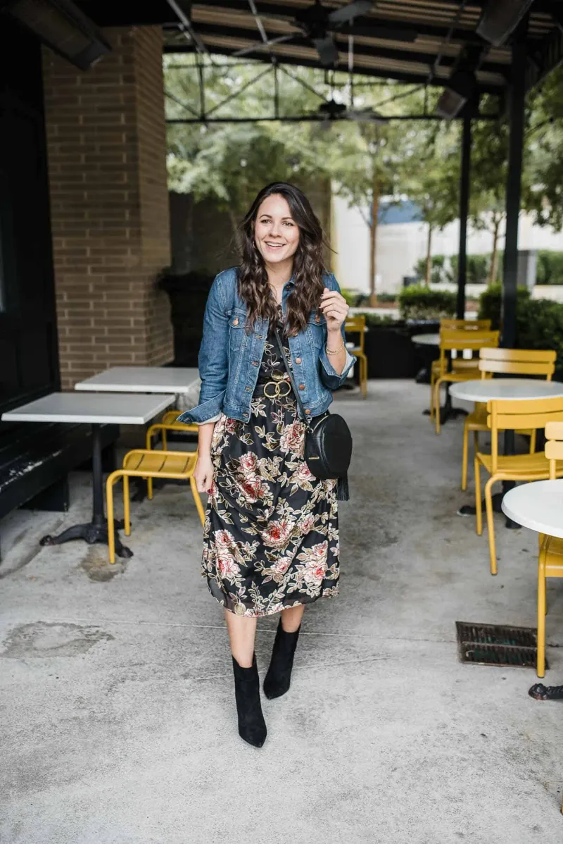 Midi Dress + Denim Jacket + Ankle Boots