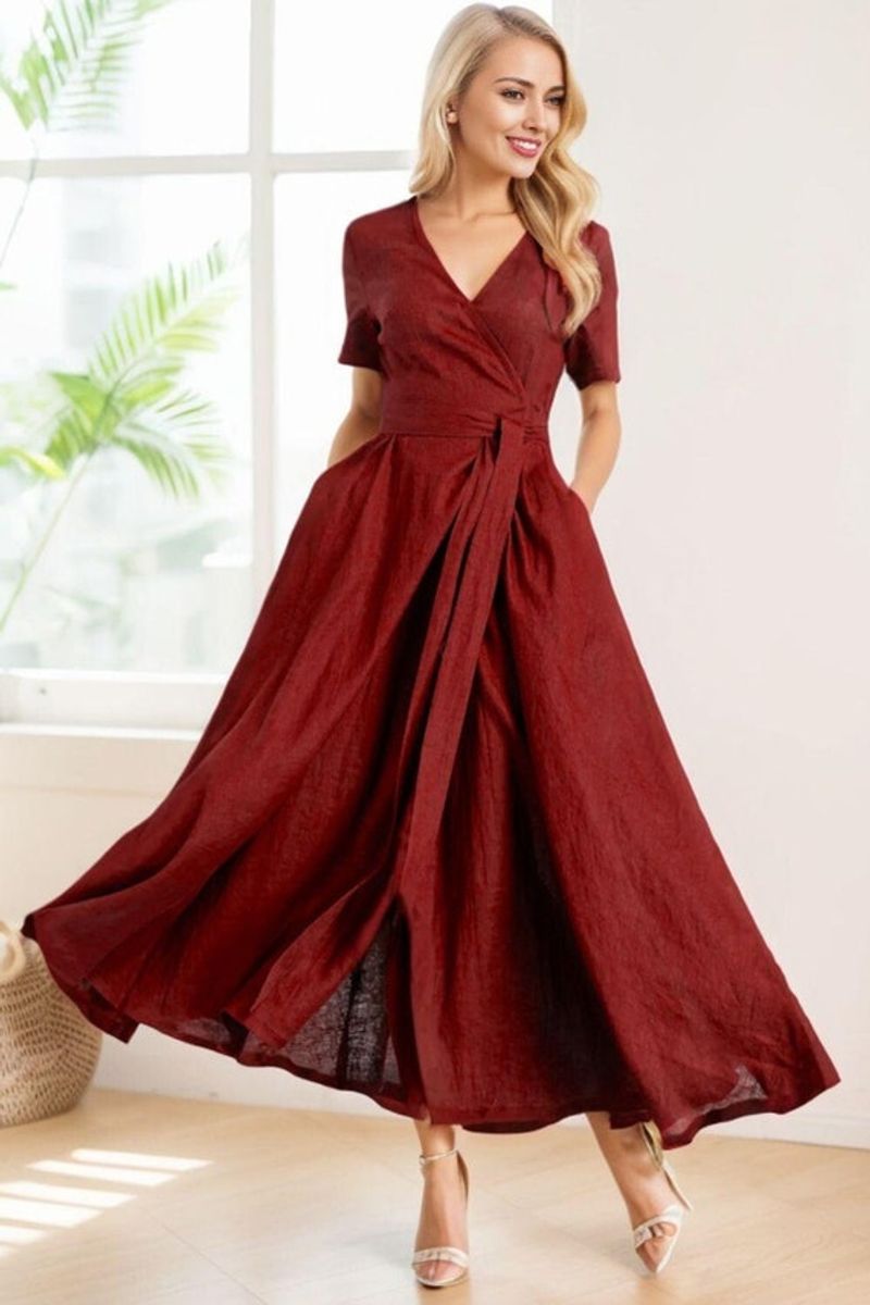 Linen-Blend Wrap Dress