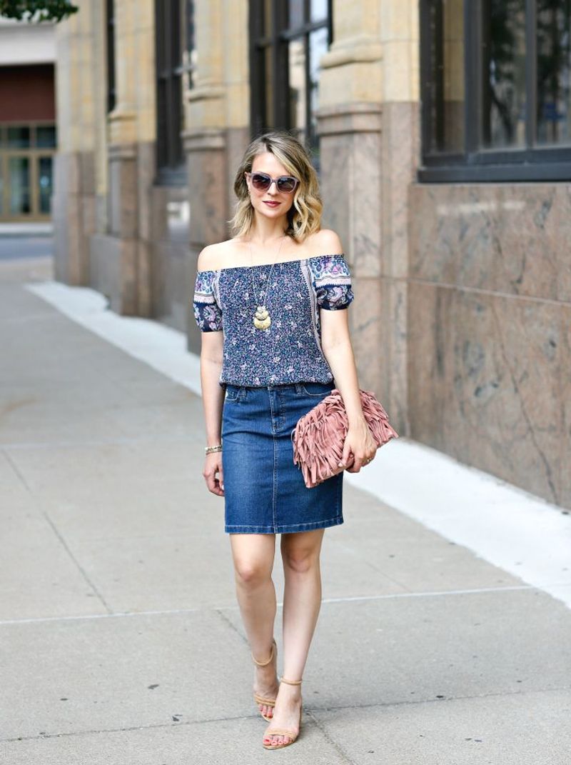 Denim Skirt and Off-Shoulder Top