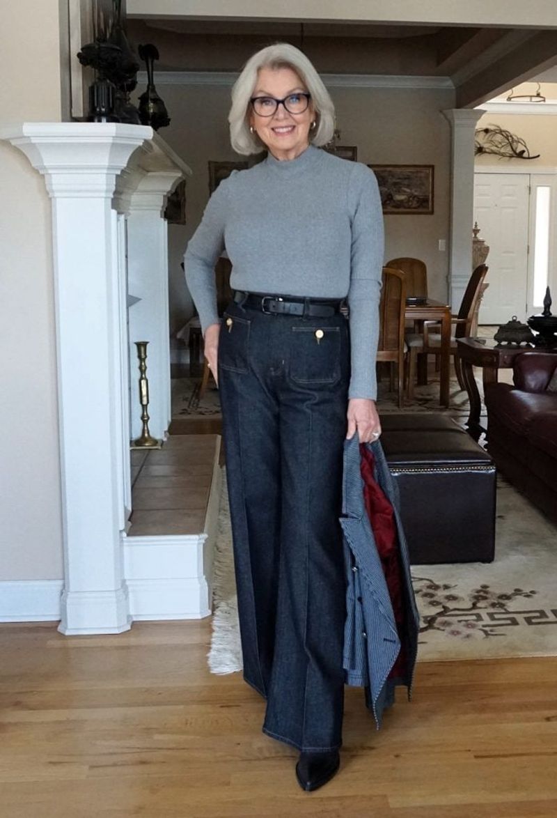 Turtleneck + Statement Earrings + Slim Pants