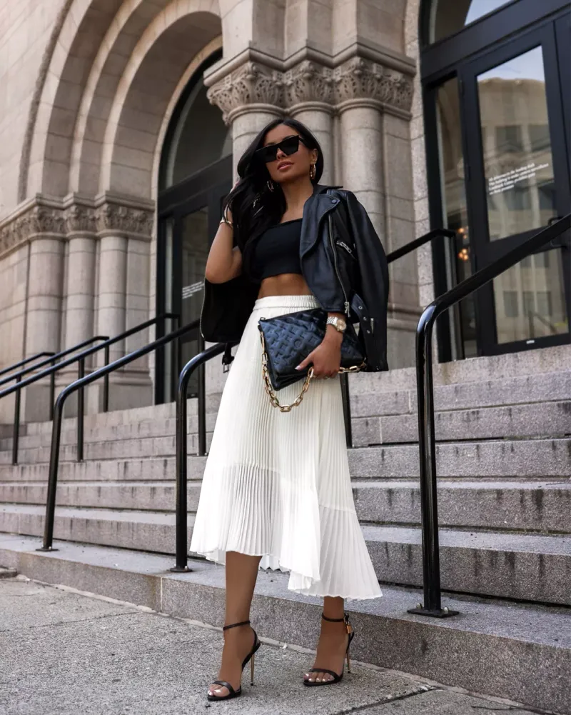 Leather Jacket and Pleated Skirt Combo
