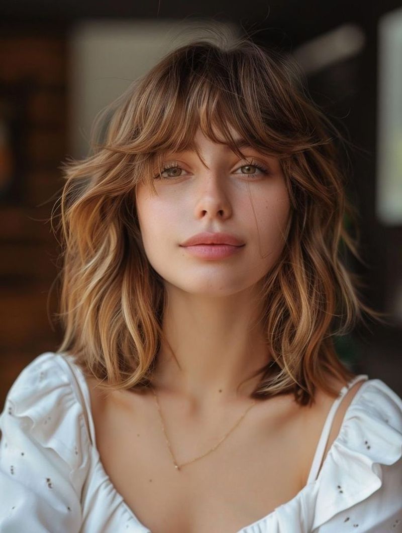 Wavy Tousled Bob with Bardot Bangs