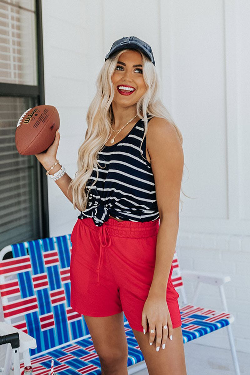 Red Shorts with Navy Striped Tee