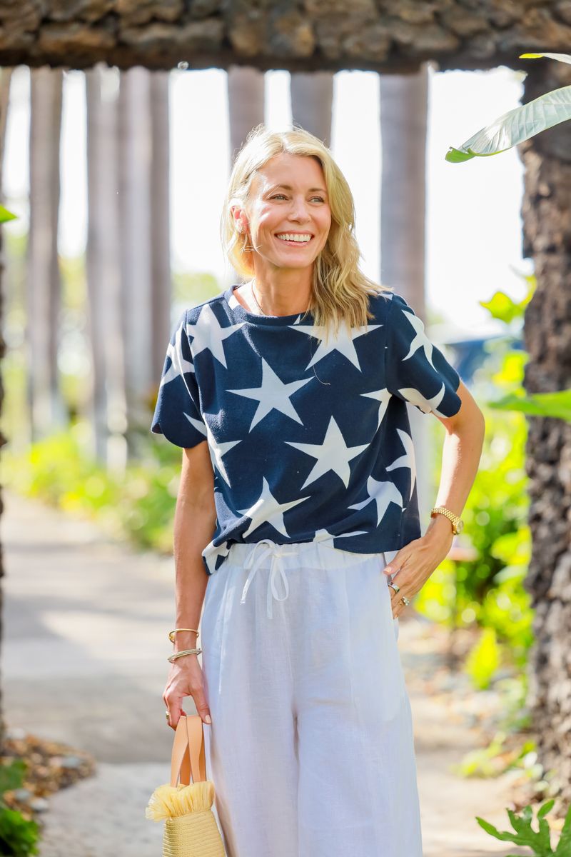 Star-Print Blouse with White Trousers