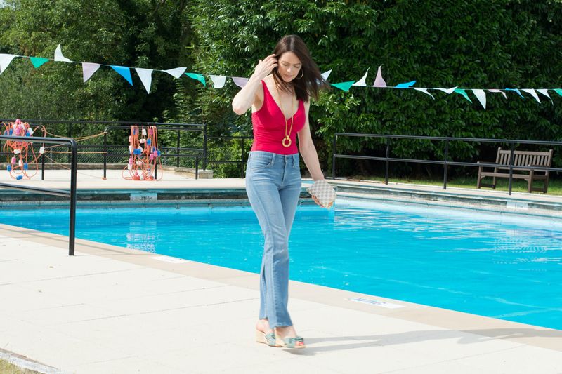 Retro-Inspired Swimsuit + High-Waisted Denim