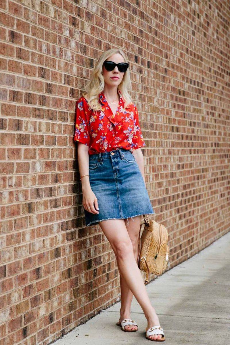 Denim Skirt & Printed Blouse Combo