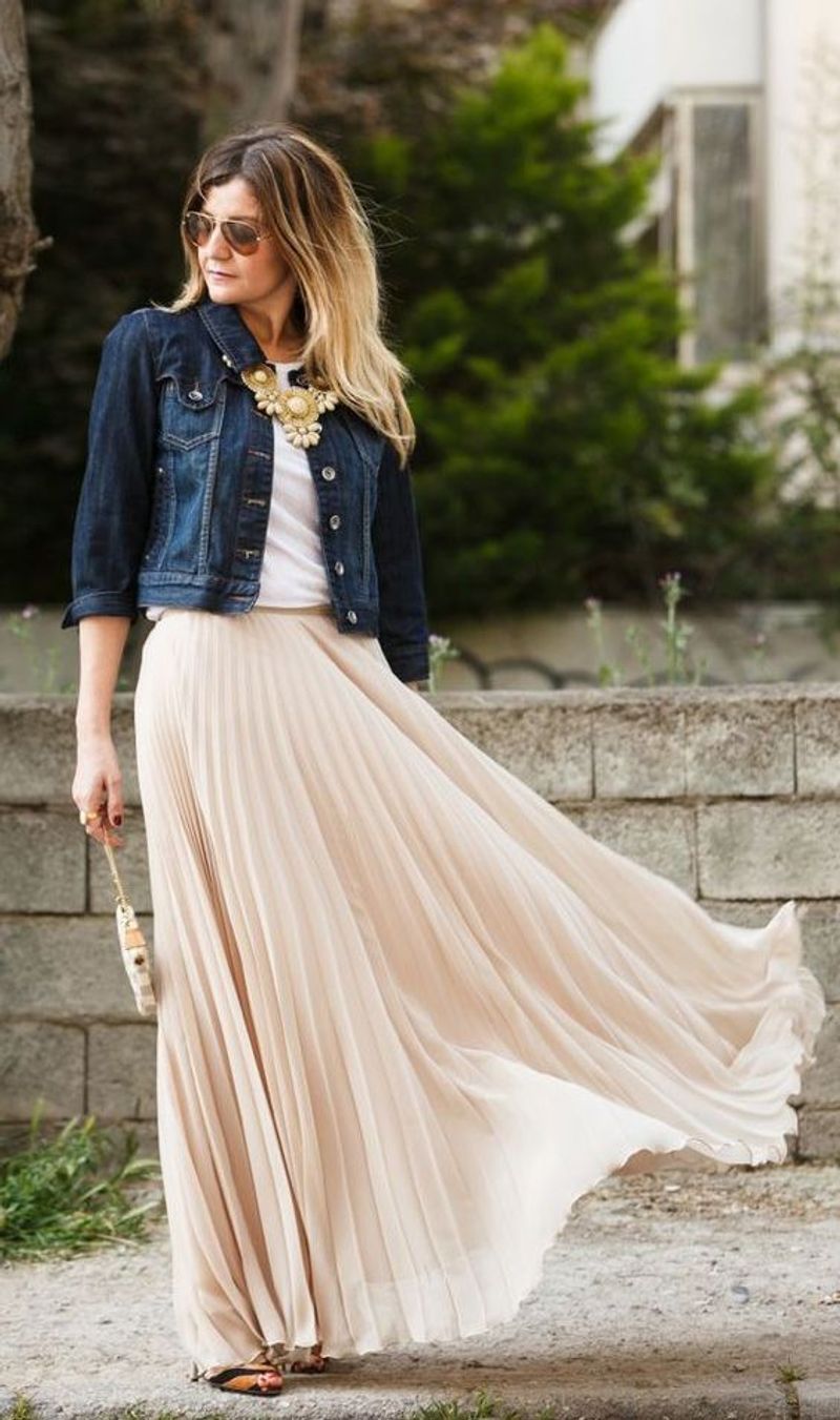 Denim Jacket and Pleated Skirt Contrast
