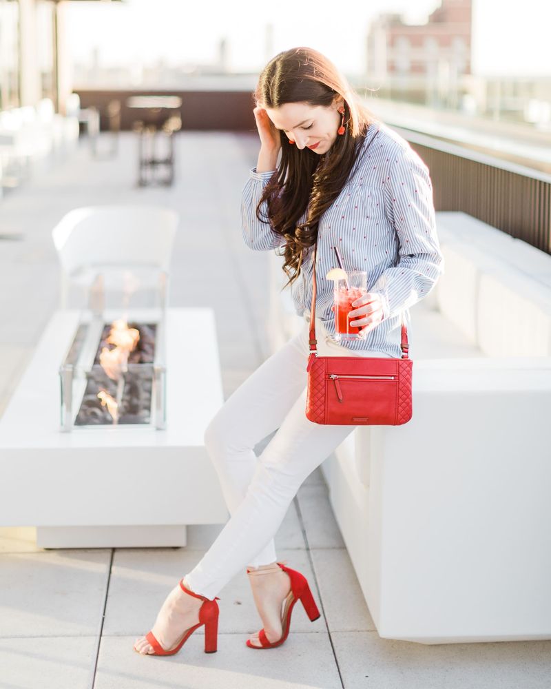 All-White Ensemble with Pop of Red