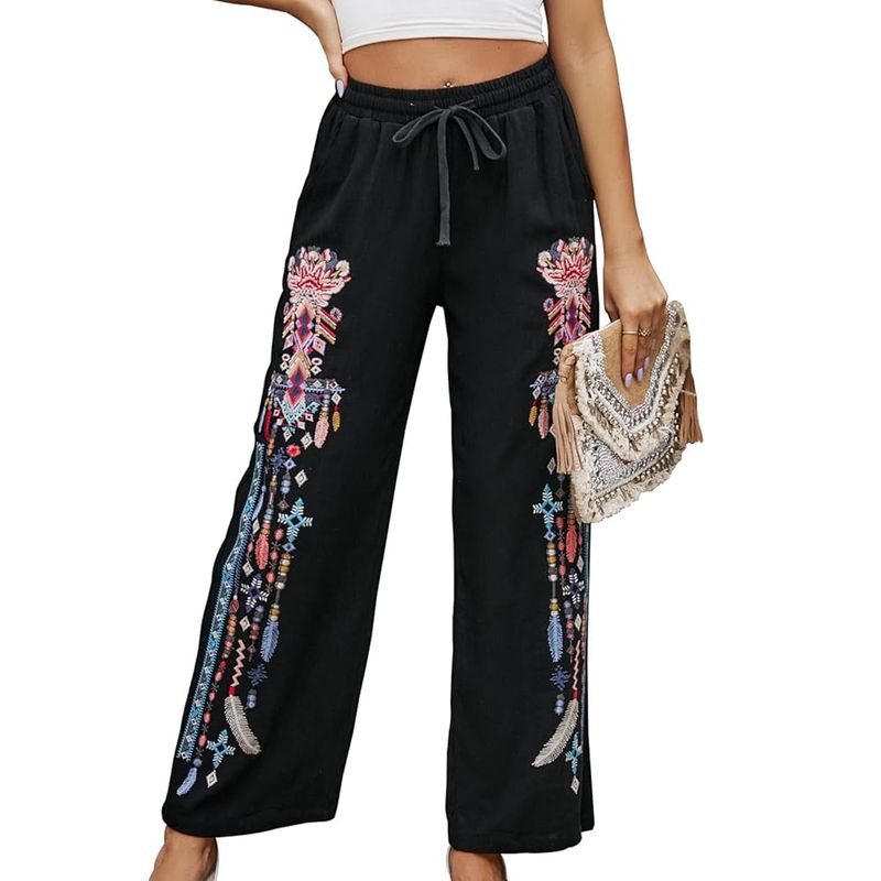 Embroidered Linen Beach Pants