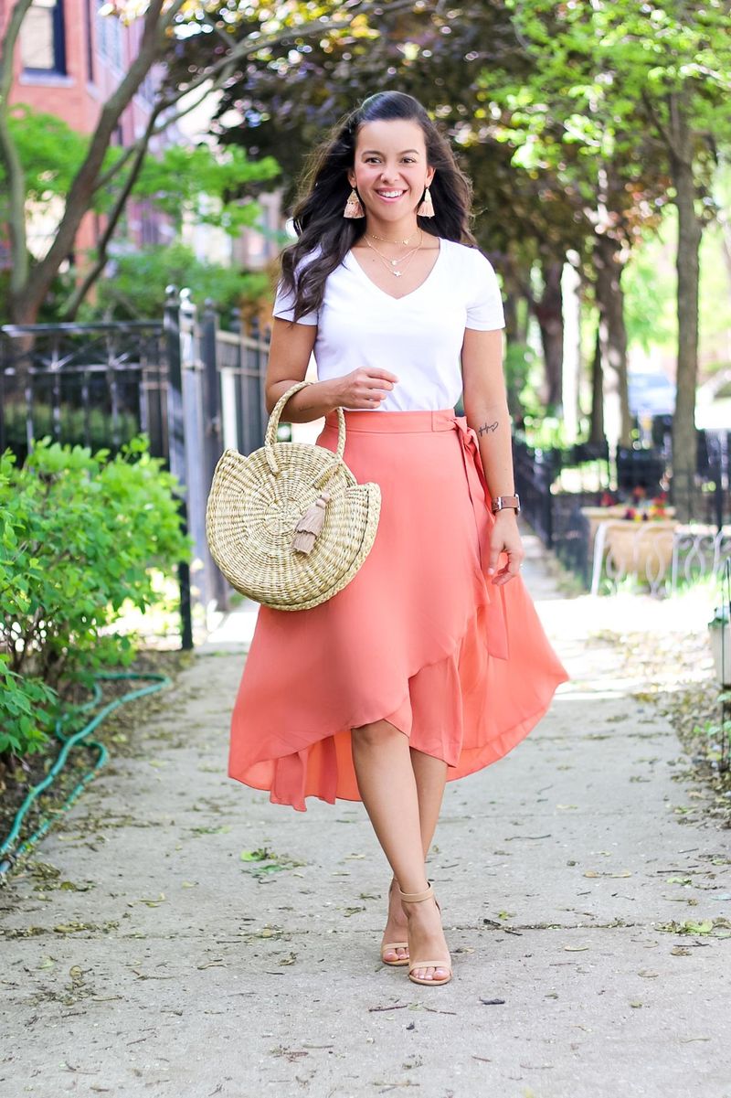 Crisp White Tee + Colorful Midi Skirt
