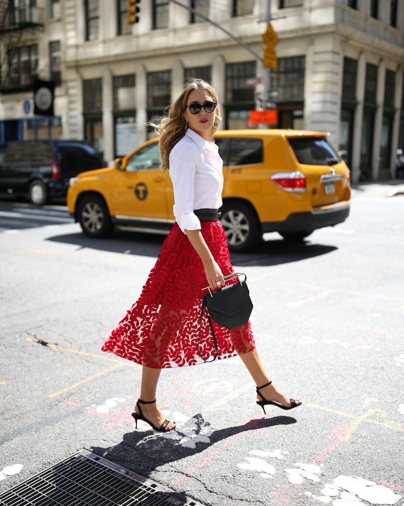 Red Midi Skirt with White Button-Down