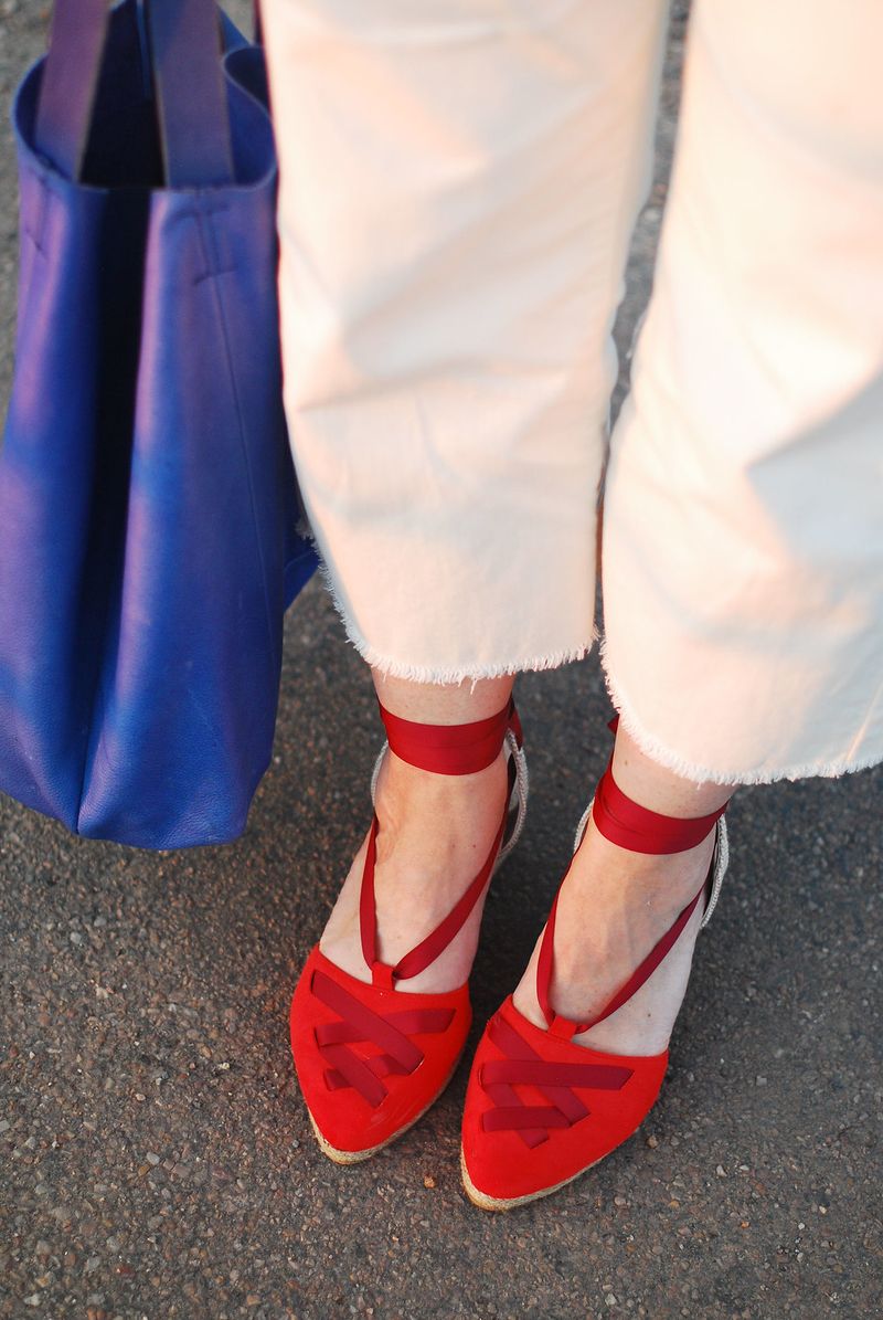 Red Espadrilles with White Linen Pants