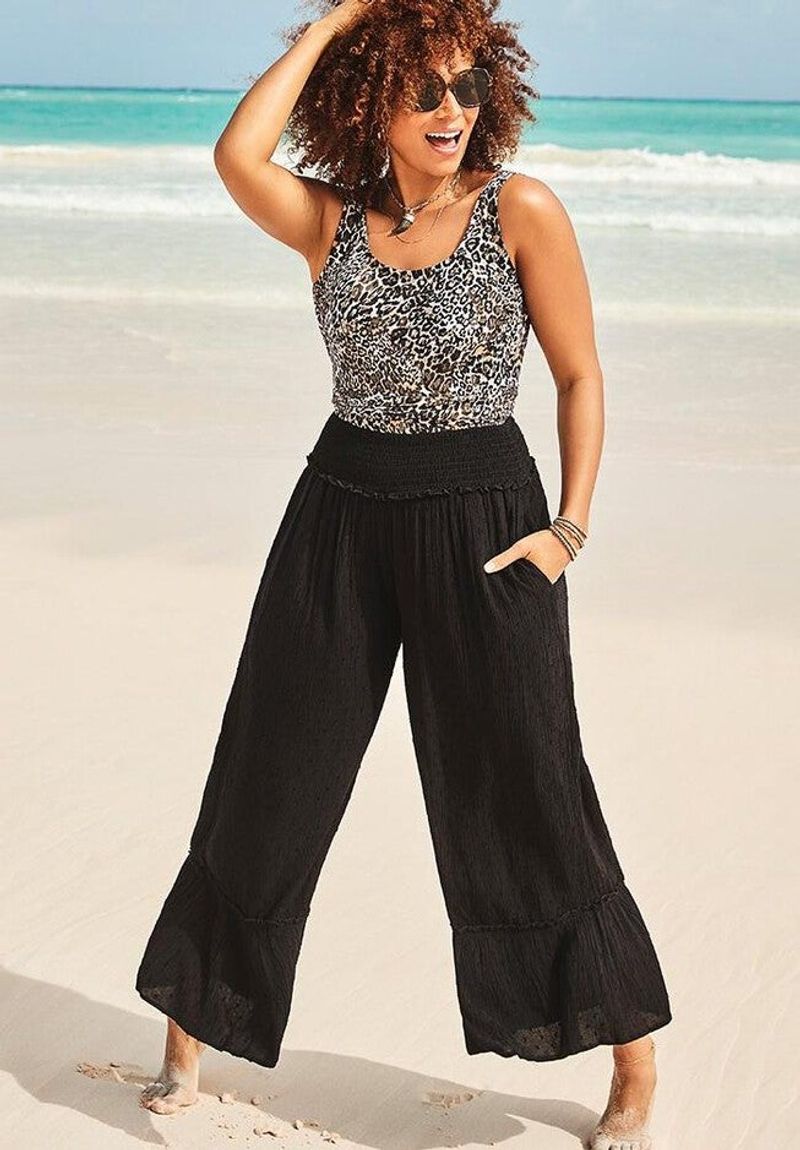 Smocked-Waist Crinkle Cotton Pants