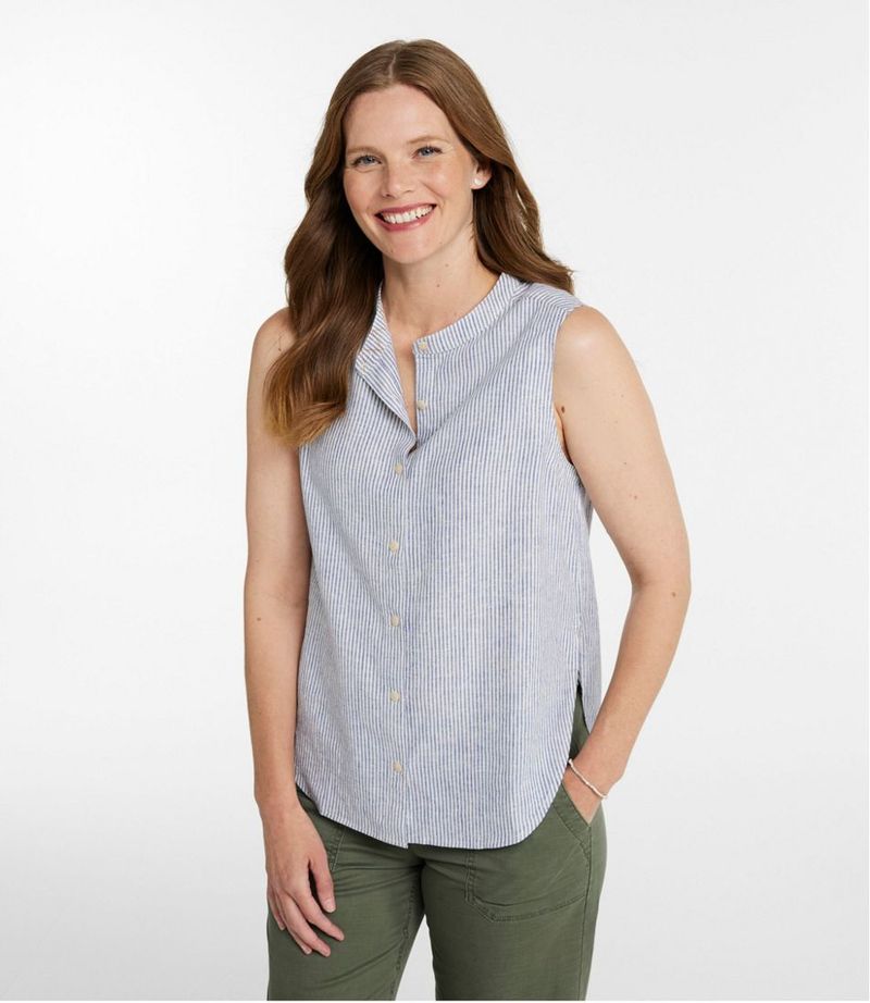 Sleeveless Linen-Blend Button-Up