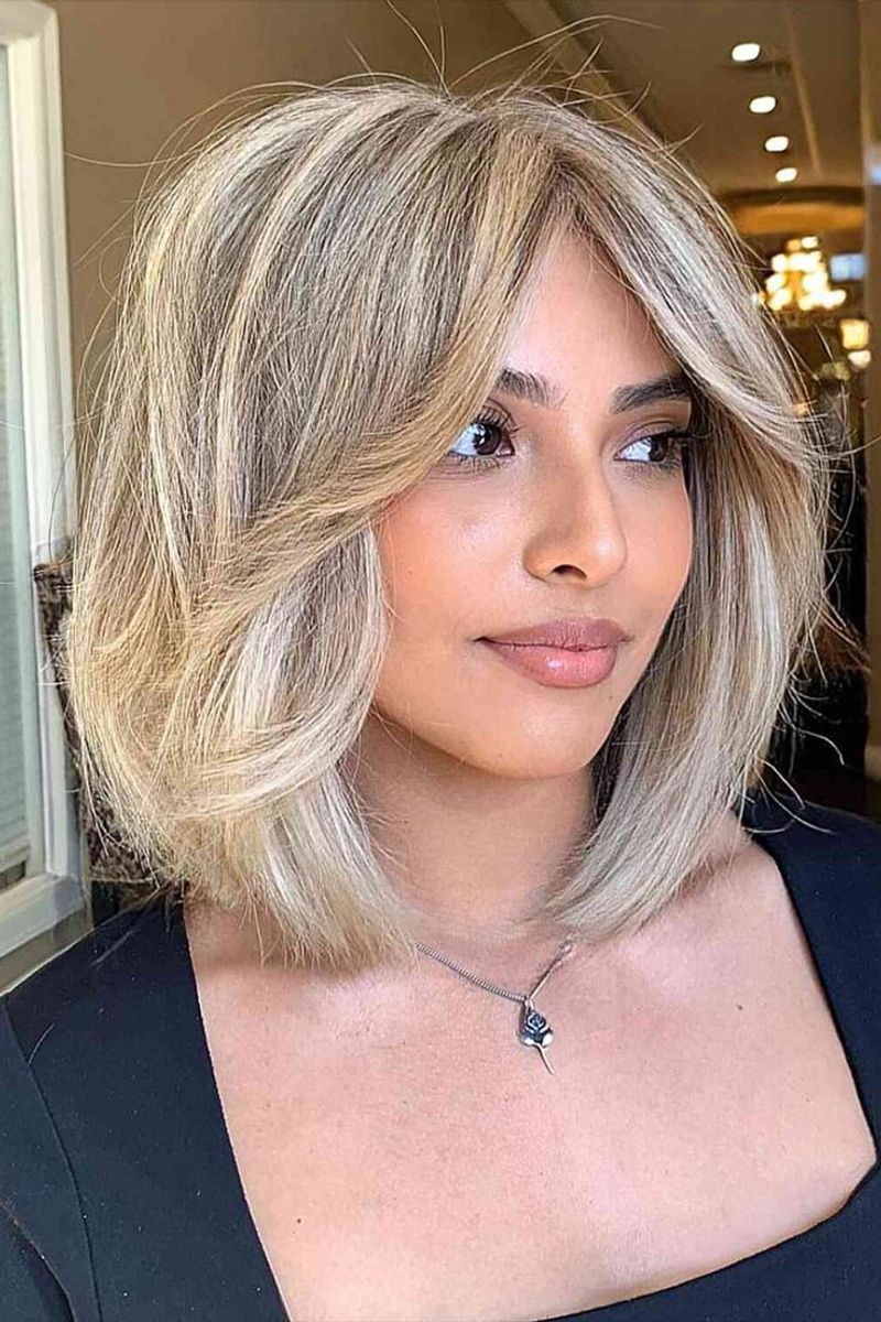 Balayage Angled Bob with Curtain Bangs