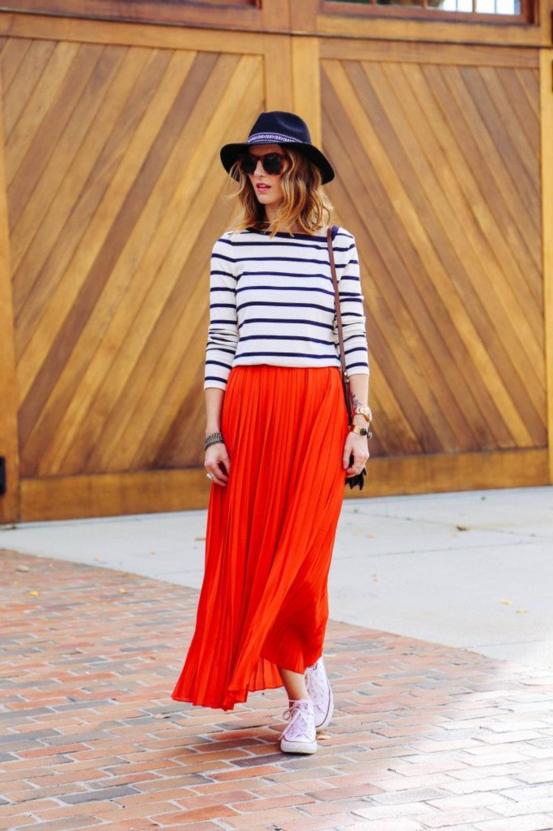 Red Maxi Skirt with Striped Tee