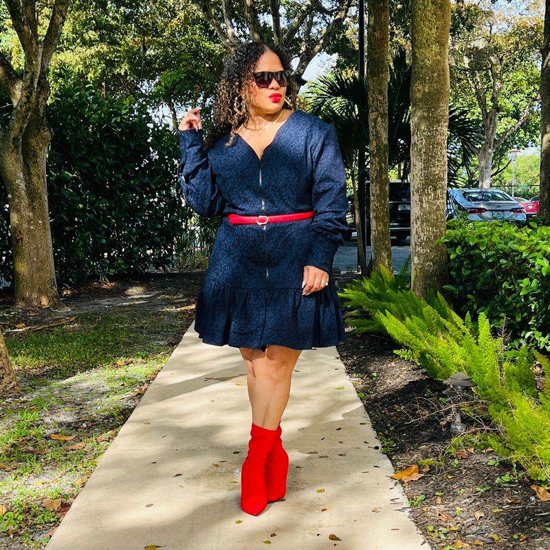 Chambray Shirt Dress with Red Belt