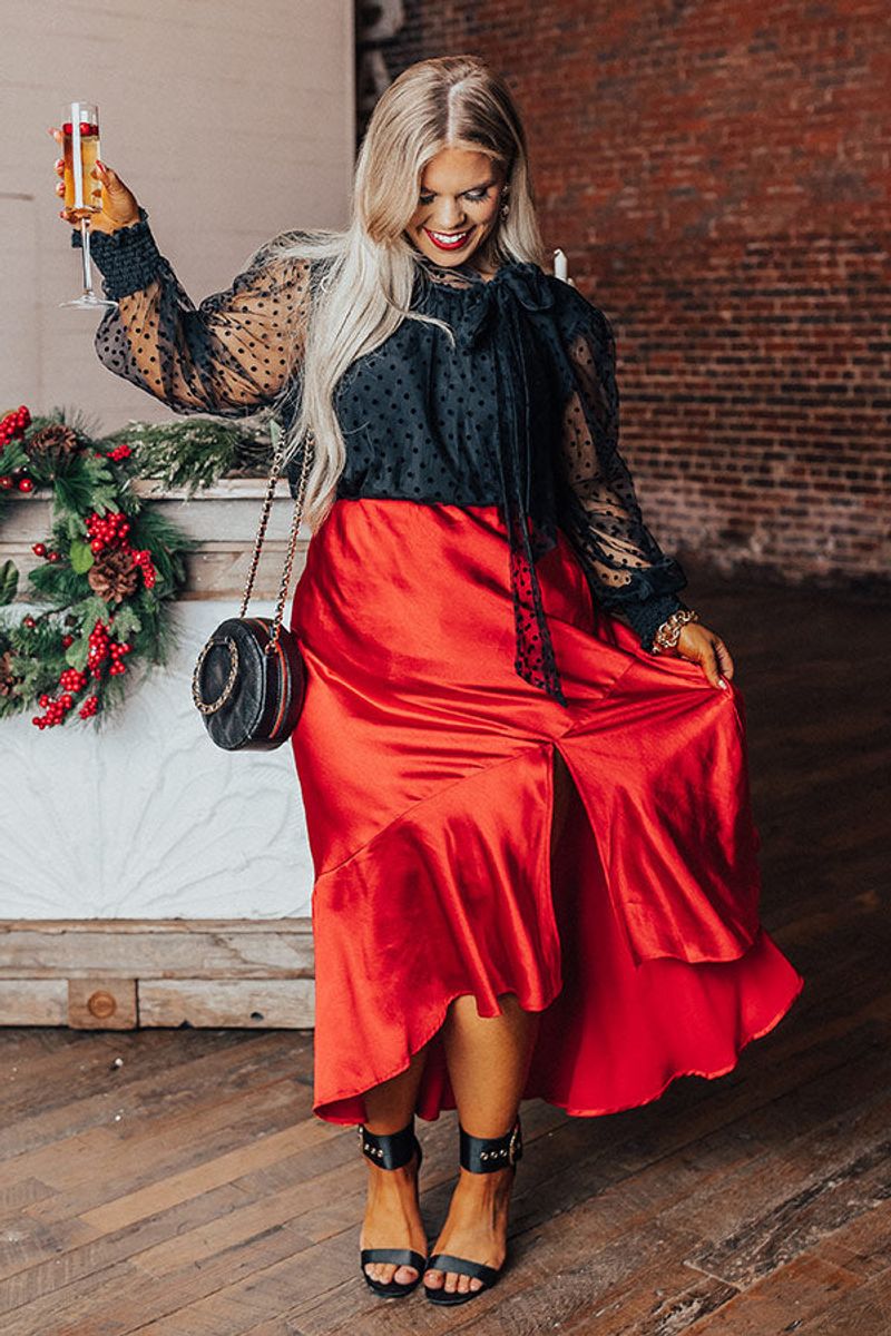 Cherry Satin Midi Skirt