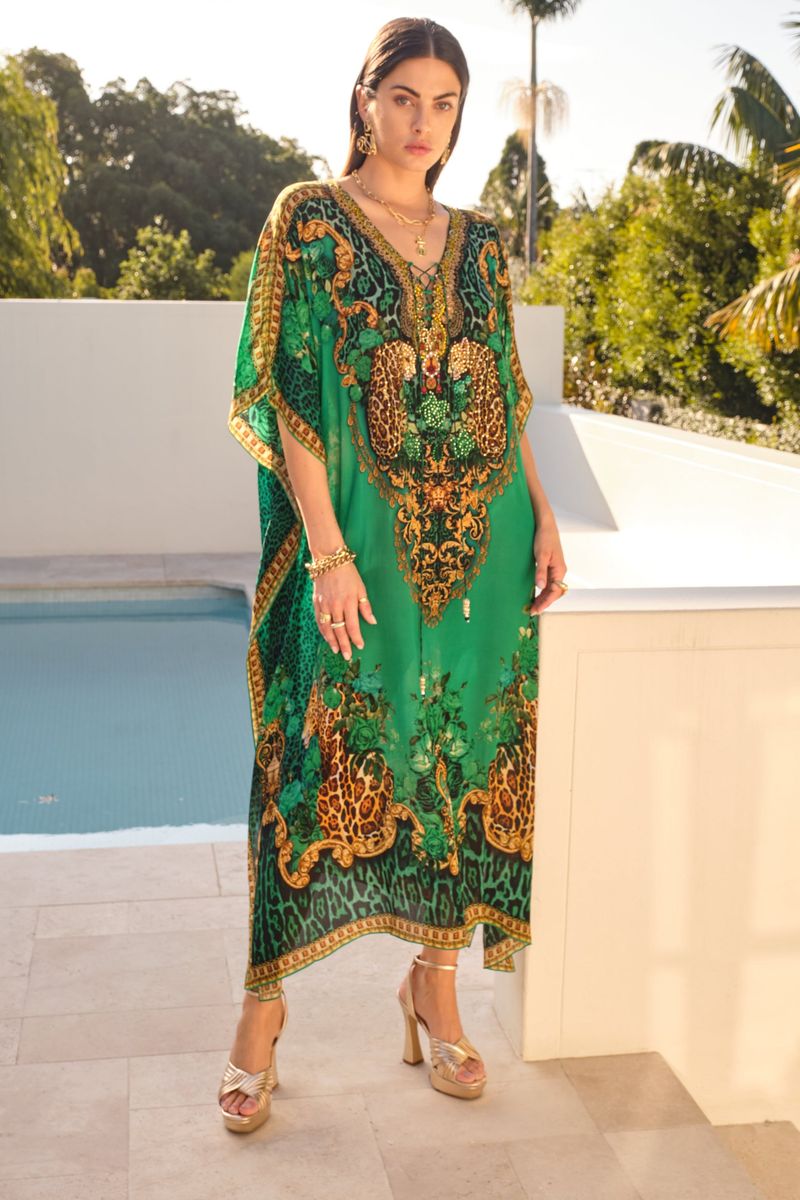 Embroidered Kaftan Dress with Metallic Sandals